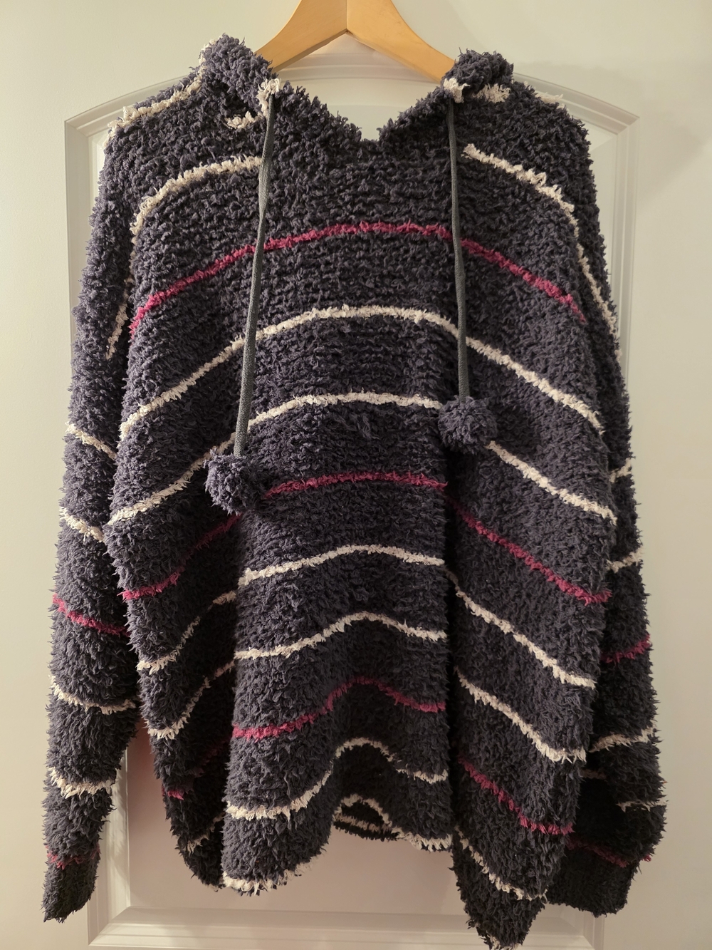 easel Plush Hooded Poncho Sweater in Navy with Cream & Pink Stripes